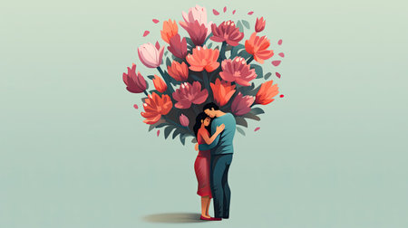 hugging day, couple with blooming flowers, paper cut design.の素材