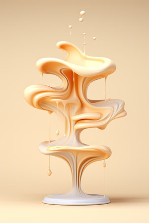 beige pedestal podium with liquid foundation splash swirl on light background, ai generatedの素材