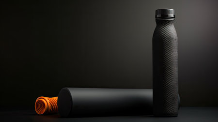 Yoga mat and sport bottle on dark background.の素材