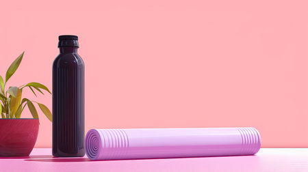Yoga mat and sport bottle on pastel pink background.の素材