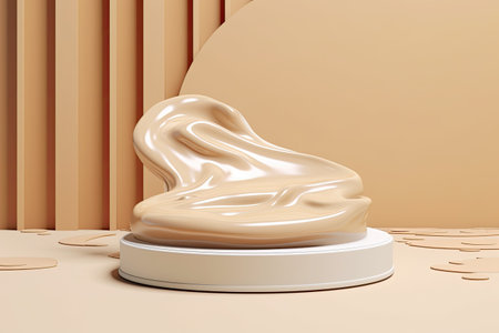 beige pedestal podium with liquid foundation splash swirl on light background, ai generatedの素材