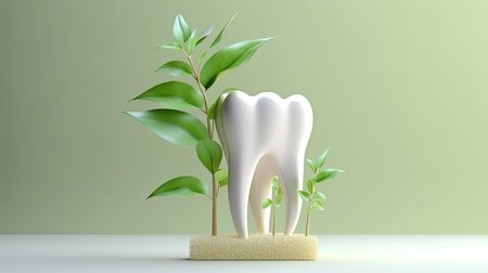 tooth with green leaf, health and disease concept, dental careの素材