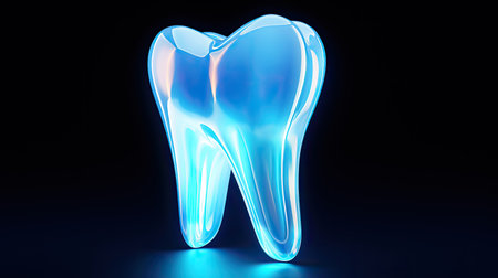 model of human glowing tooth on black background.の素材