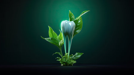 tooth with green leaf, health and disease concept, dental careの素材