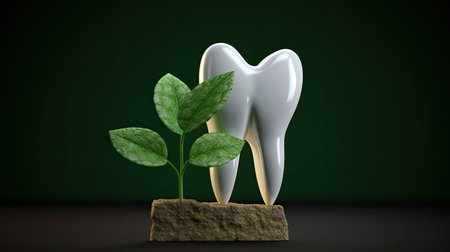 tooth with green leaf, health and disease concept, dental careの素材