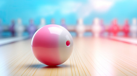 Bowling ball on pastel light blue pink background.の素材