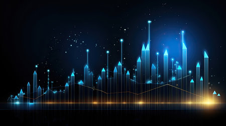 glowing business chart consisting of arrows up on dark background , ai generatedの素材