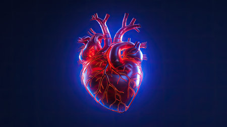 red human heart isolated on blue background.の素材