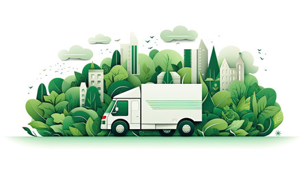 eco delivery, green truck with things in boxes . moving dayの素材