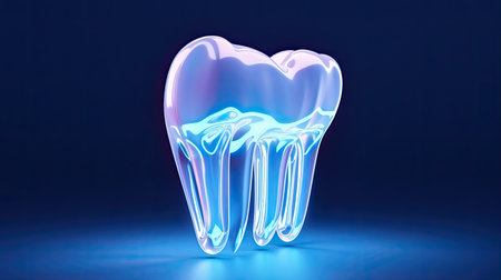 model of human glowing tooth on black background.の素材
