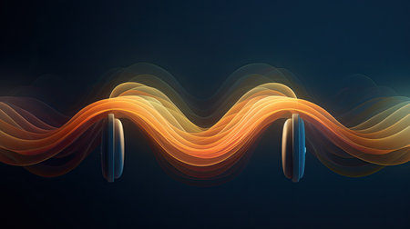 headphones and colourful sound waves on black backgroundの素材