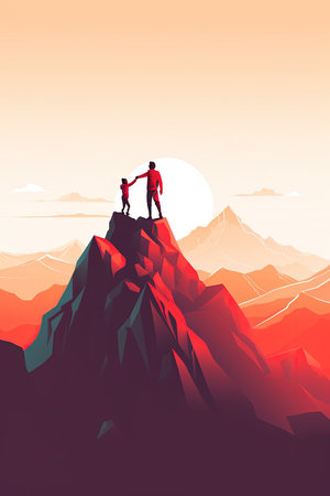 Hiker helping his friend reach the mountain top at sunsetの素材