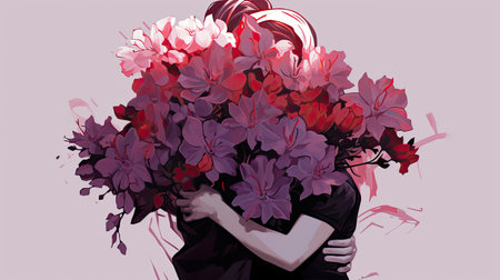 hugging day, couple with blooming flowers, paper cut design.の素材