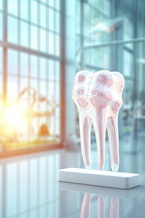 model of human tooth on hospital background.の素材