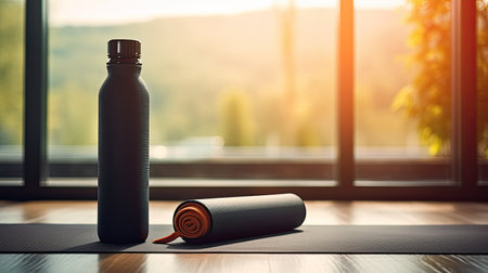 Yoga mat and sport bottle on gym background.の素材