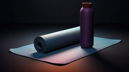Yoga mat and sport bottle on dark background.の素材