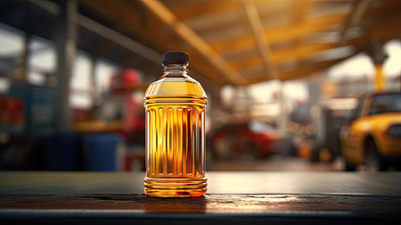 plastic bottle with motor oil against the service station background, ai generatedの素材