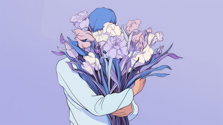 man with bouquet of flowers. pastel watercolor, hugging dayの素材