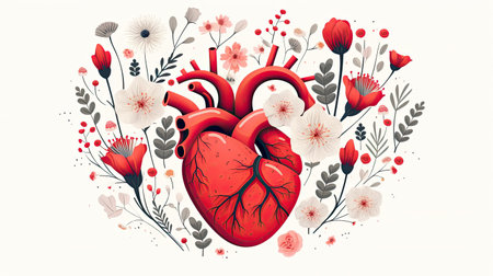 Heart with blooming flowers, health and disease concept.の素材