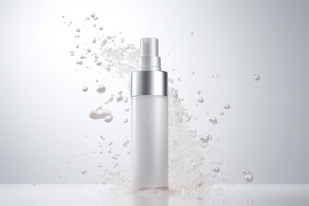 cosmetic product in white bottle with dispenser and splashesの素材