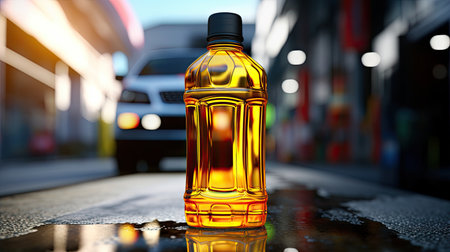 plastic bottle with motor oil against the service station background, ai generatedの素材