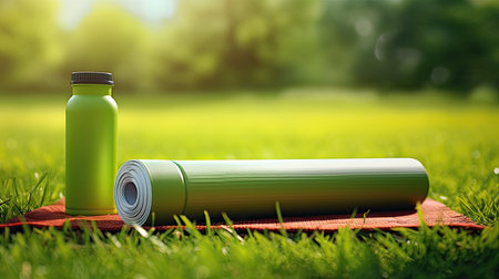 Yoga mat and sport bottle on green grassの素材