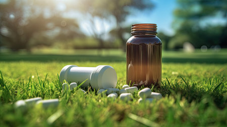 sport nutrition on green grass background. mock up bottleの素材