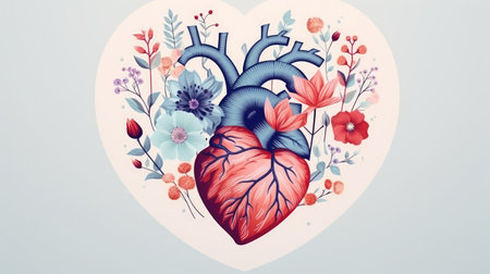 Heart with blooming flowers, health and disease concept.の素材