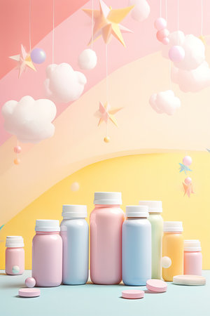 vitamin and dietary supplements, baby products on pastel backgroundの素材