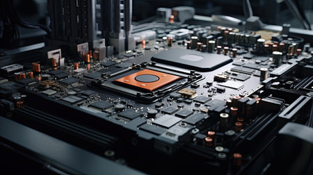 close-up of electronic computer hardware technology. Motherboard digital chip. ai generatedの素材