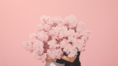 hugging day, couple with blooming flowers, paper cut design.の素材