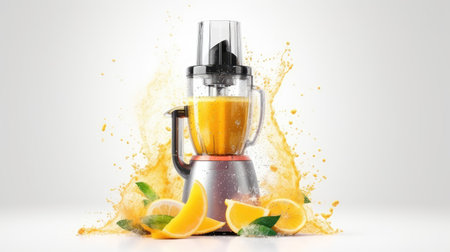 modern electric juicer with fruits on light background .の素材