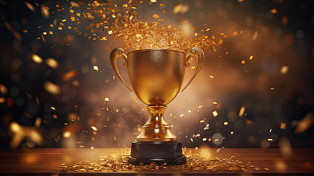 first place winners gold trophy with confetti on dark background.の素材