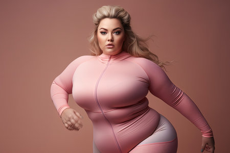 overweigh beautiful woman in sportswear training on pastel background.の素材