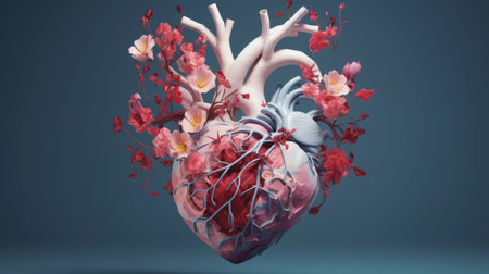Heart with blooming flowers, health and disease concept.の素材