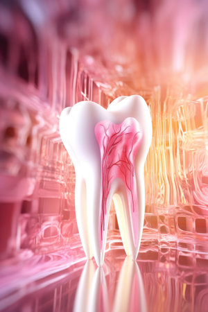 model of human tooth on hospital background.の素材