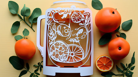Electric juicer with fresh juice and fruits, paper cut designの素材