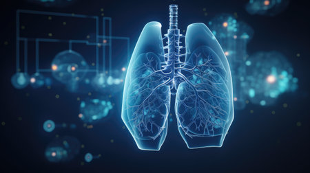 neon glowing human lung on blue background.の素材