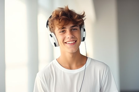 stylish smiling teen boy in white t-shirt listening to music in headphonesの素材