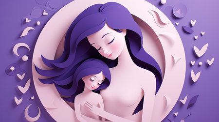 mother is cuddled by cute little daughter.の素材
