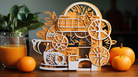 Electric juicer with fresh juice and fruits, paper cut designの素材