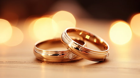 two gold wedding ring and flower on dark background with bokehの素材