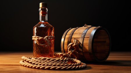 whiskey bottle with ropes and barrel, ai generatedの素材