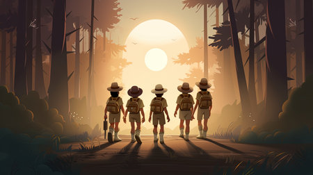 group of children Scouts walking in the forest.の素材