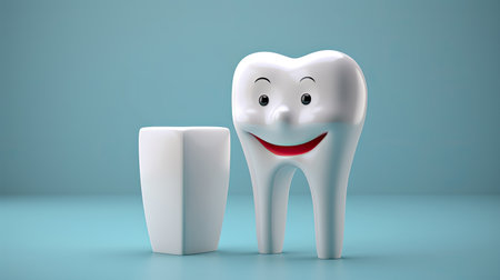 happy cartoon tooth on light blue background.の素材