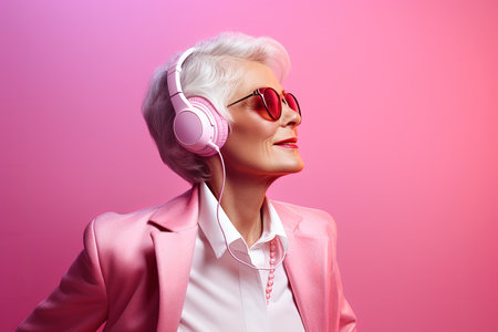 happy stylish senior woman listening to music in headphones on pink backgroundの素材