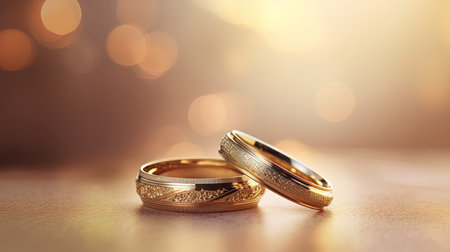two gold wedding ring and flower on dark background with bokehの素材