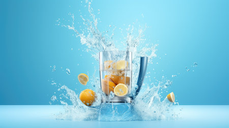 modern electric juicer with fruits on blue background .の素材