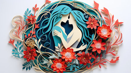 hugging day, family with blooming flowers, paper cut design.の素材