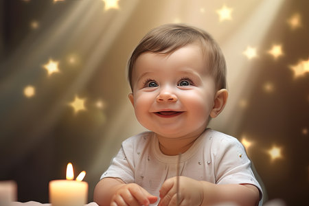 little happy baby smiles and sits at the tableの素材